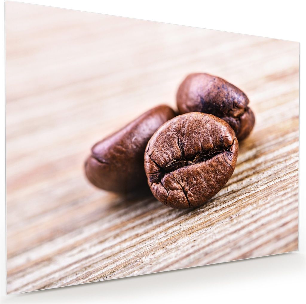 Glasbild Wandbild Kaffeebohnen auf Holztisch 120x90cm in XXL für Wohnzimmer, Schlafzimmer, Badezimmer, Flur