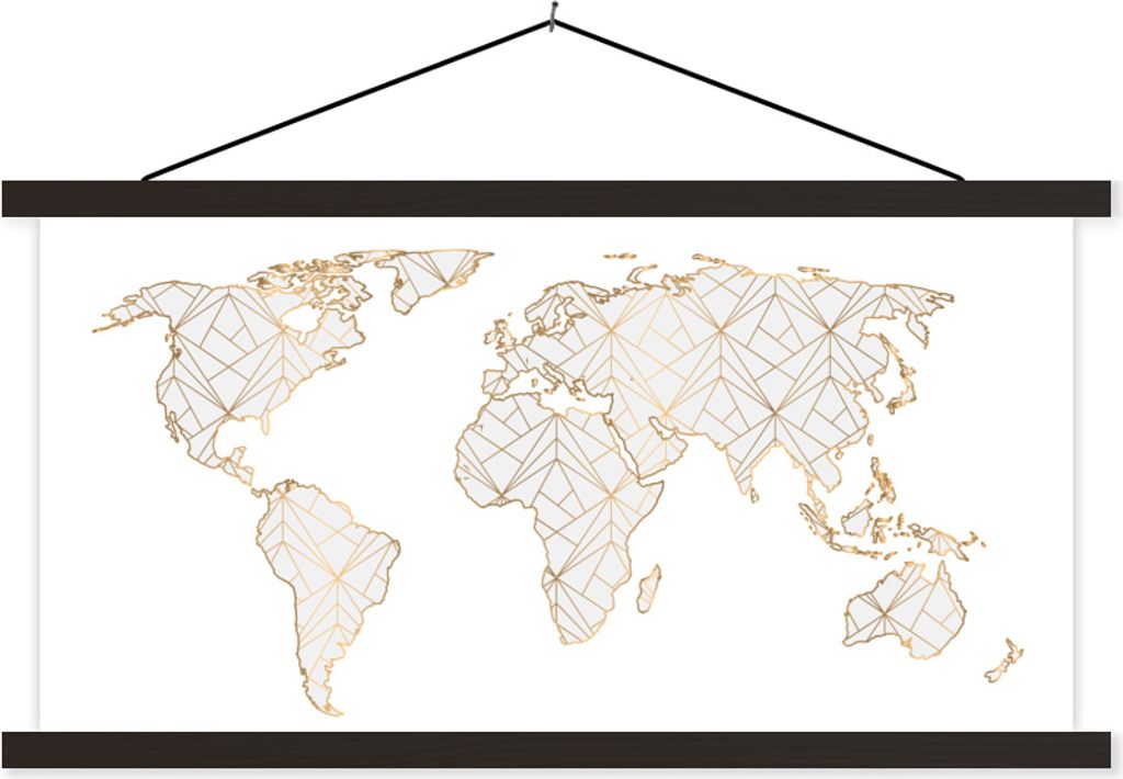 MuchoWow Textilposter Weltkarte - Linie - Gold 150x75 cm mit schwarzem Rahmen - Posterleiste
