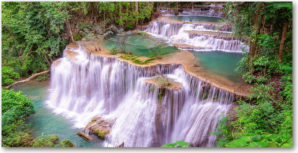 Tulup Glas-Bild -140x70- Wandkunst Dekorative Wand für Küche & Wohnzimmer - Landschaften - Thailand Wasserfall - Grün