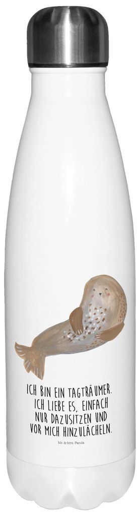 Mr. & Mrs. Panda Trinkflasche Robbe Lachen - Weiß - Geschenk, Wasserflasche, Lustige Sprüche, Meerestier, Seehund, trinkflaschen, Thermosflasche,...