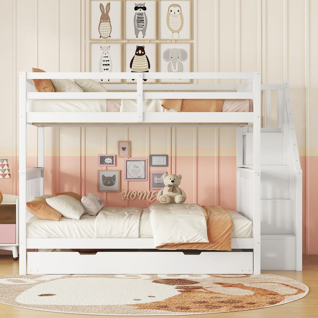 140*200cm Etagenbett, Treppenregal, ausgestattet mit ausziehbares Rollbett, hohe Geländer, weiß