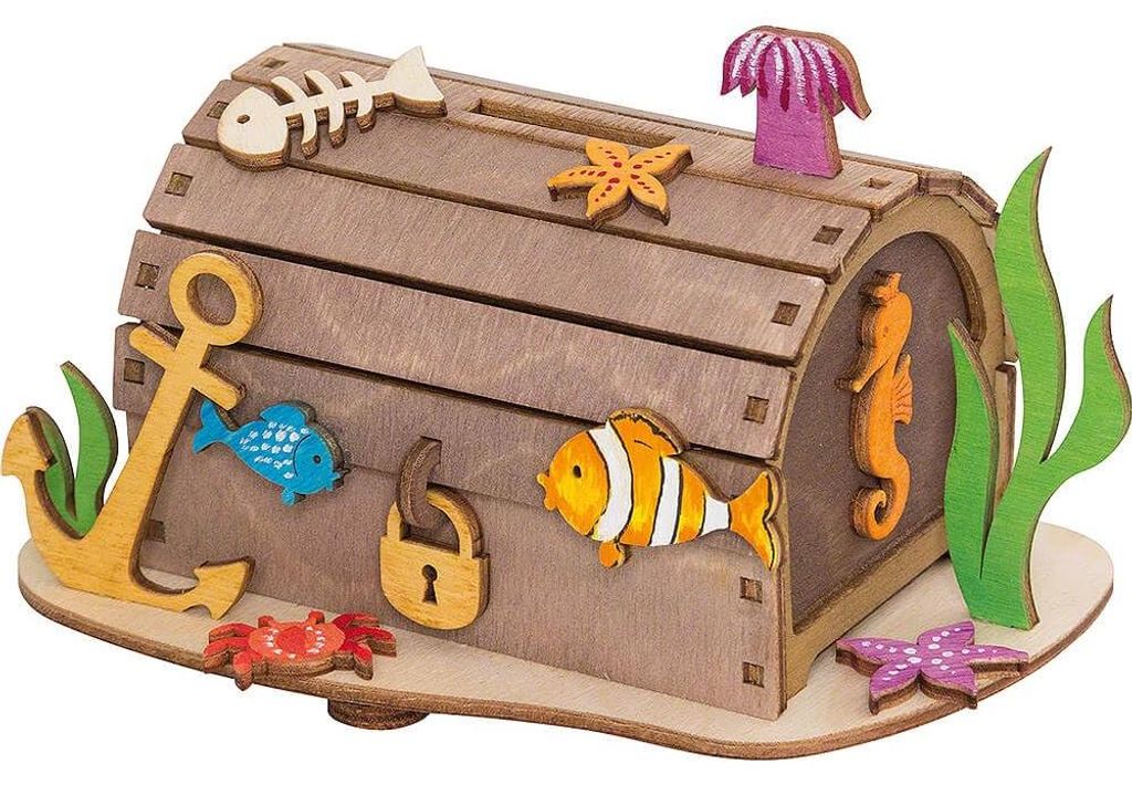 Hobaku Bastelset – Spardose/Sparkästchen – Design: Schatztruhe – Holzdekoration zum Selbstzusammenbauen – Maße: ca. 14 x 10 x 10 cm