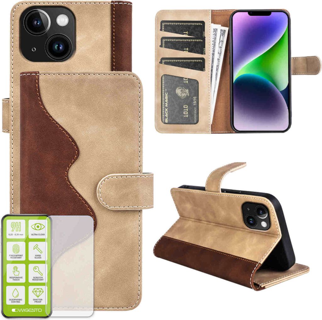 Für Apple iPhone 15 Plus Design Handy Tasche Braun Etuis Kunst-Leder Hülle Case + H9 Hart Glas