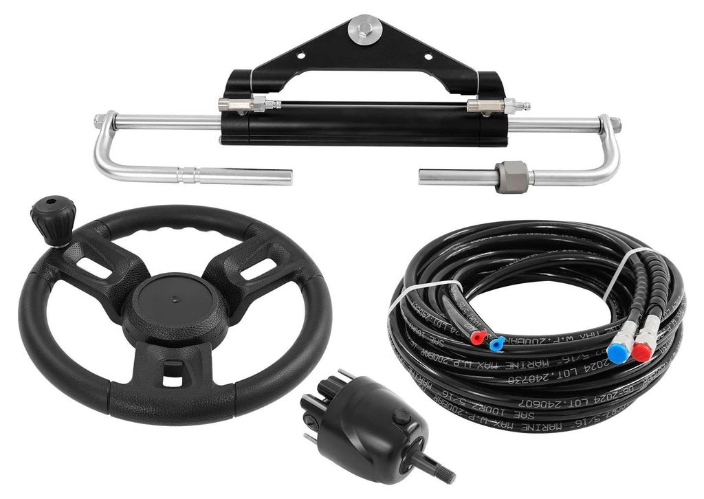 Hydraulische Außenborder Lenkung - Komplettset mit Steuerrad - Für Motoren bis 150 PS - Hub 200 mm - 8 m Hydraulikschläuche - Silber