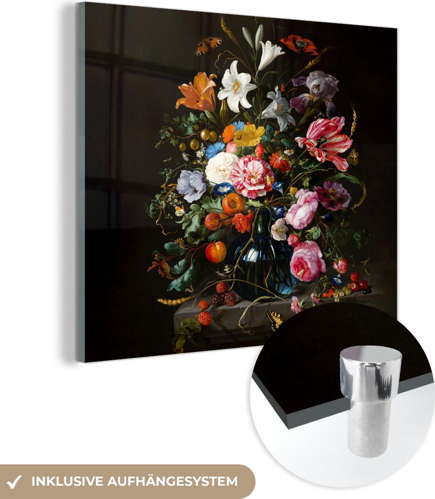 MuchoWow Glasbilder - Bilder auf Wandbild - Foto auf Glas Alte Meister - Kunst - Vase mit Blumen - Jan Davidsz de Heem 90x90 cm Wanddekoration aus ...