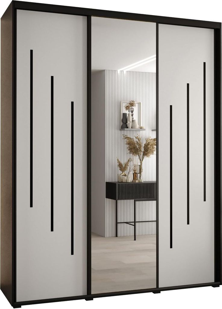 MEBLE KRYSPOL Cannes 9 Schrank mit 3 Schiebetüren - 205,2x200x60 cm - Schwarz Weiß Schwarz