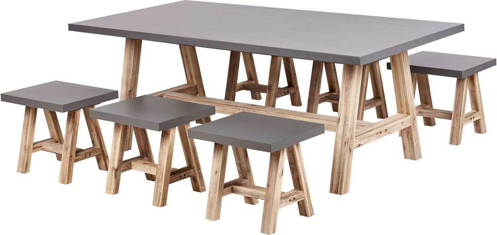 BELIANI Gartenmöbel Set 7-Teilig Grau Faserzement Rechteckiger Tisch 200 x 100 cm und 6 Hocker mit hellen Holzbeinen Indoor & Outdoor Garten