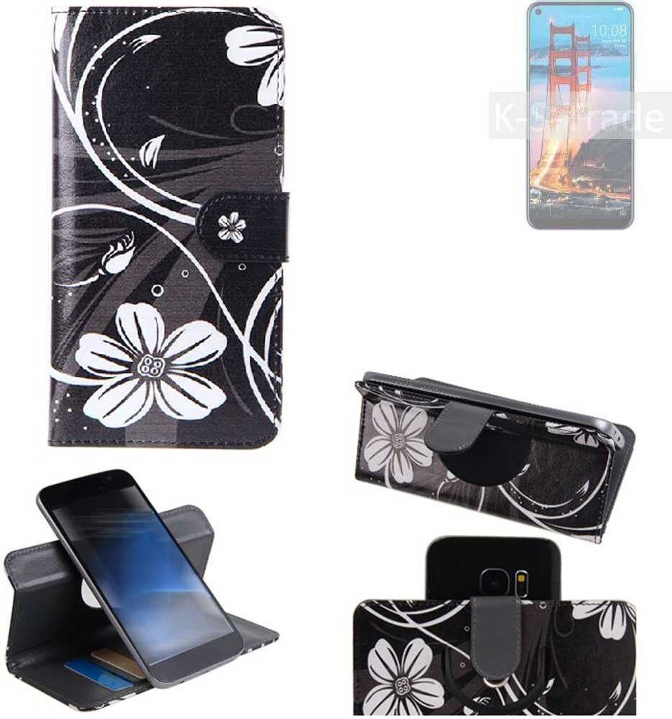K-S-Trade Schutzhülle Handyhülle kompatibel mit ZTE Blade V2020 Hülle 360° Wallet Case ''Flowers'' Klapphülle Hülle schwarz-weiß 1x