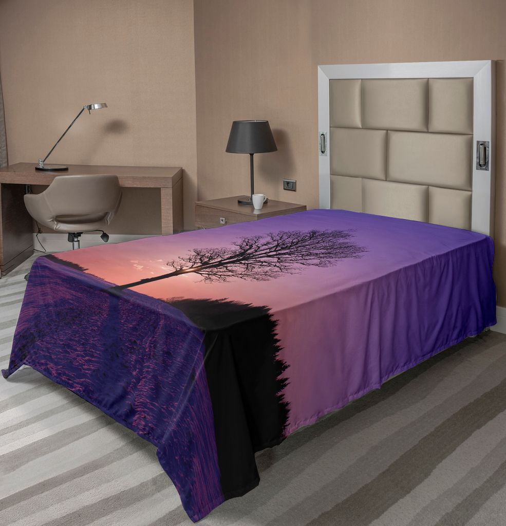 ABAKUHAUS Natur Bettlaken, Eiche Bei Sonnenuntergang Winterzeit Schnee Field Immergrüne Wald Evening Scenery, weiches bequemes oberes Bettlaken f...