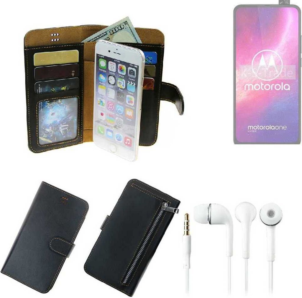 TOP SET Handy Hülle Schutz Hülle kompatibel mit Motorola One Hyper schwarz aus Kunstleder + Kopfhörer Smartphone Tasche vollwertige Geldbörse