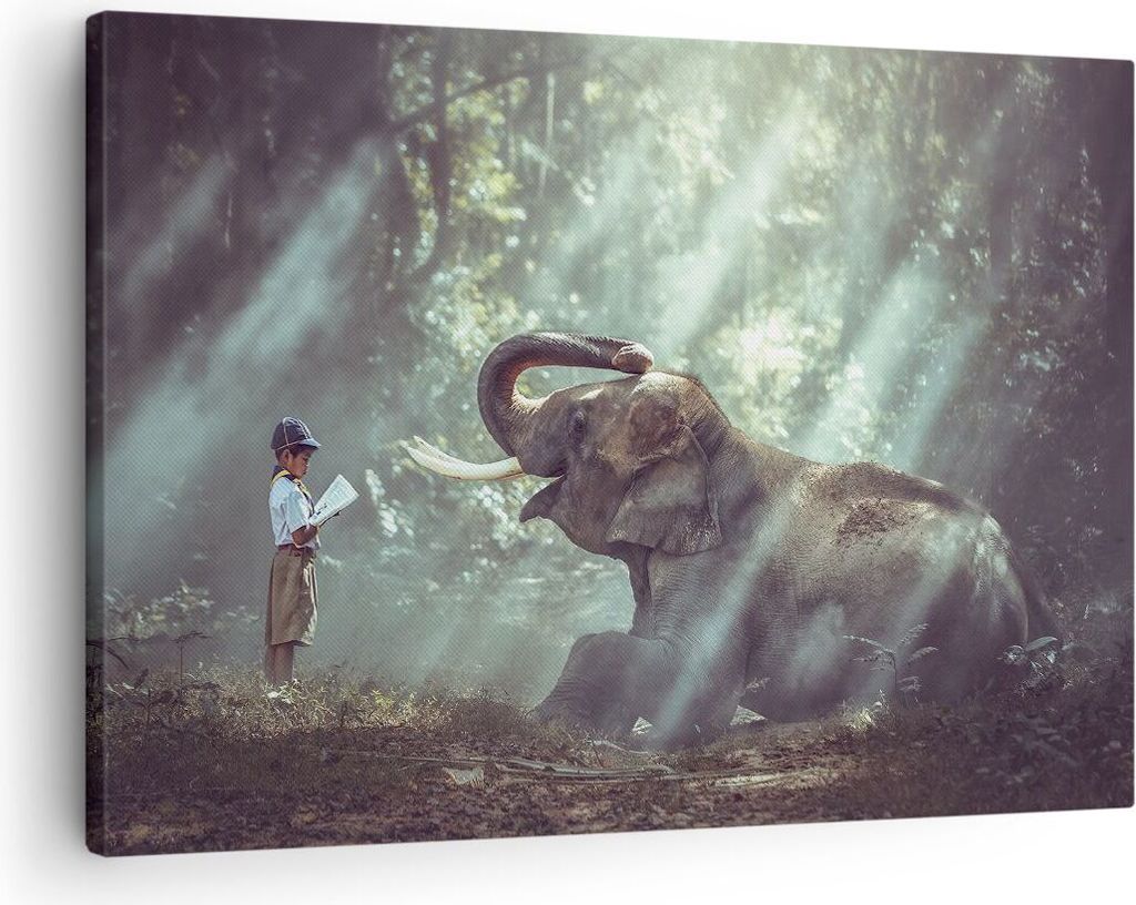 Bild auf Leinwand - Leinwandbild - Elefant Dschungel Stoßzahn - 70x50cm - Wand Bild - Wanddeko - Leinwanddruck - Bilder - Kunstdruck - Wanddekorat...