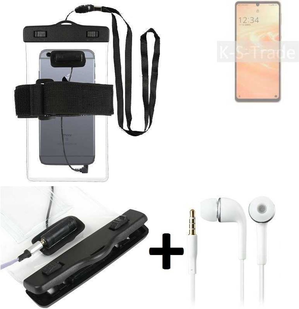 K-S-Trade Wasserdichte Hülle + Kopfhörer kompatibel mit Sharp Aquos Sense6s transparent Jogging Armband Wasserfeste Handy Hülle beach bag outdoor