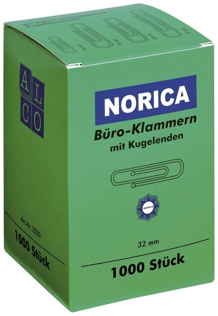 NORICA 2220 Büroklammern mit Kugelenden - 32 mm glatt, verzinkt, 1.000 Stück
