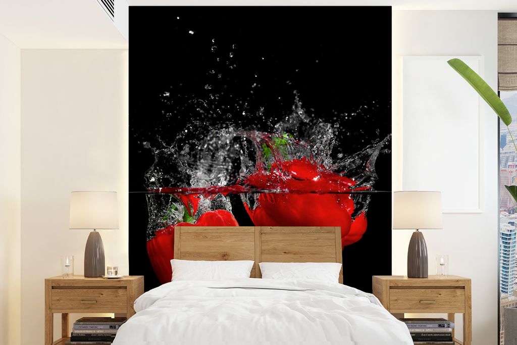 MuchoWow Fototapete für Wohnzimmer oder Schlafzimmer Wandtapete Vinyl Motivtapete Paprika - Gemüse - Stilleben - Wasser - Rot - 165x220 cm - Wa...