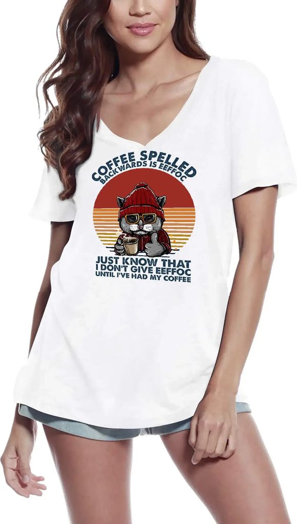 Damen Grafik T-Shirt V-Ausschnitt Kaffee rückwärts buchstabiert ist eeffoc humor cat – Coffee Spelled Backwards Is Eeffoc Humor Cat