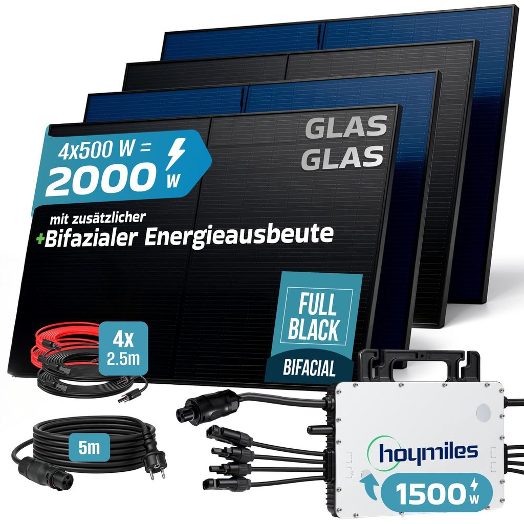 SUNNIVA 2000W Balkonkraftwerk BIFAZIAL FULLBLACK komplett Steckdose HOYMILES 1500 Watt Wechselrichter, Komplettset 4x500W PV Solaranlage Solarmodule