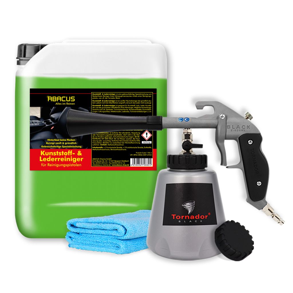 ABACUS Tornador Set, Tornador Black Z-020RS mit bewährtem Kunststoffreiniger & Lederreiniger 5L + Mikrofasertücher, Kunststoffreinigungsset