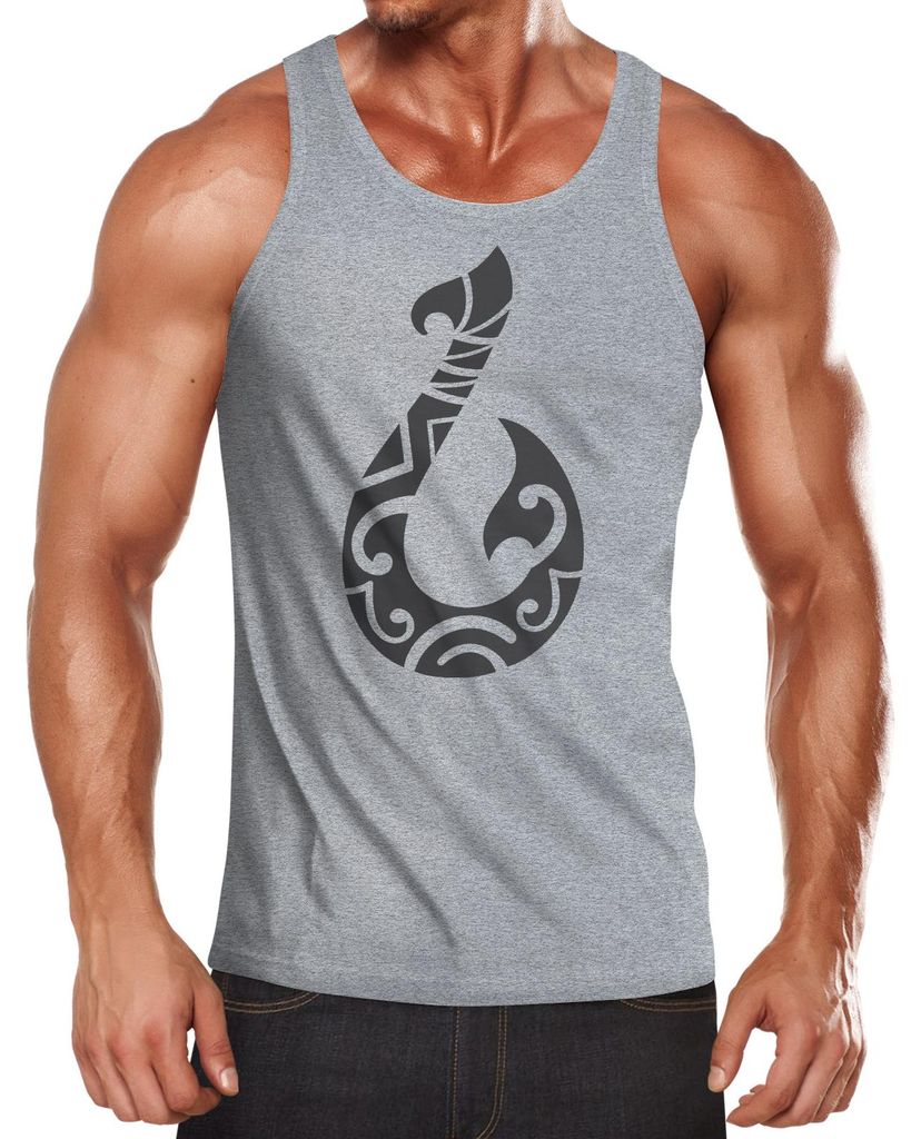 Herren Tanktop Print Aufdruck bedruckt Maui Magischer Fischerhaken Fish Hook Hawaii Muscle Shirt Achselshirt Moonworks grau XXL