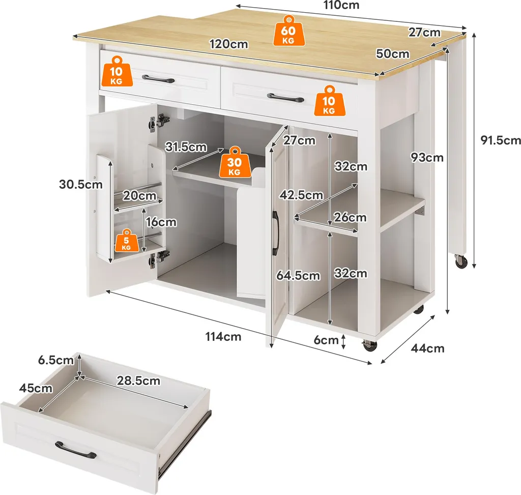 Desserte de Cuisine Mobile avec Buffet de Rangement et Prises USB