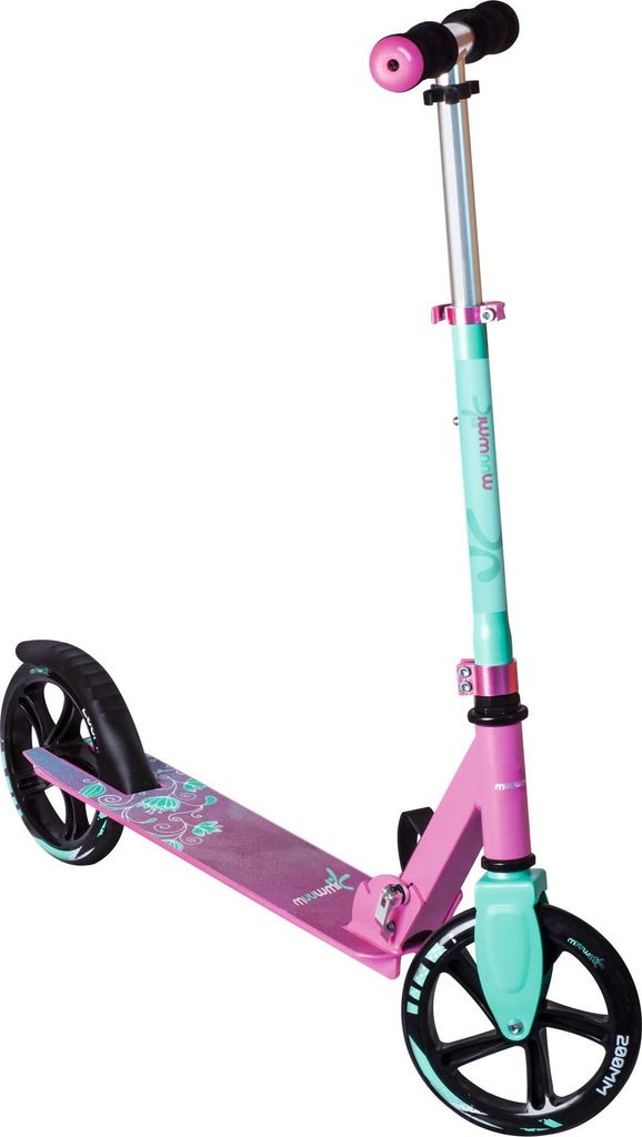 muuwmi Aluminium Scooter – Tretroller, 200 mm, ABEC 5, , höhenverstellbar, XL-Deck, pink-türkis