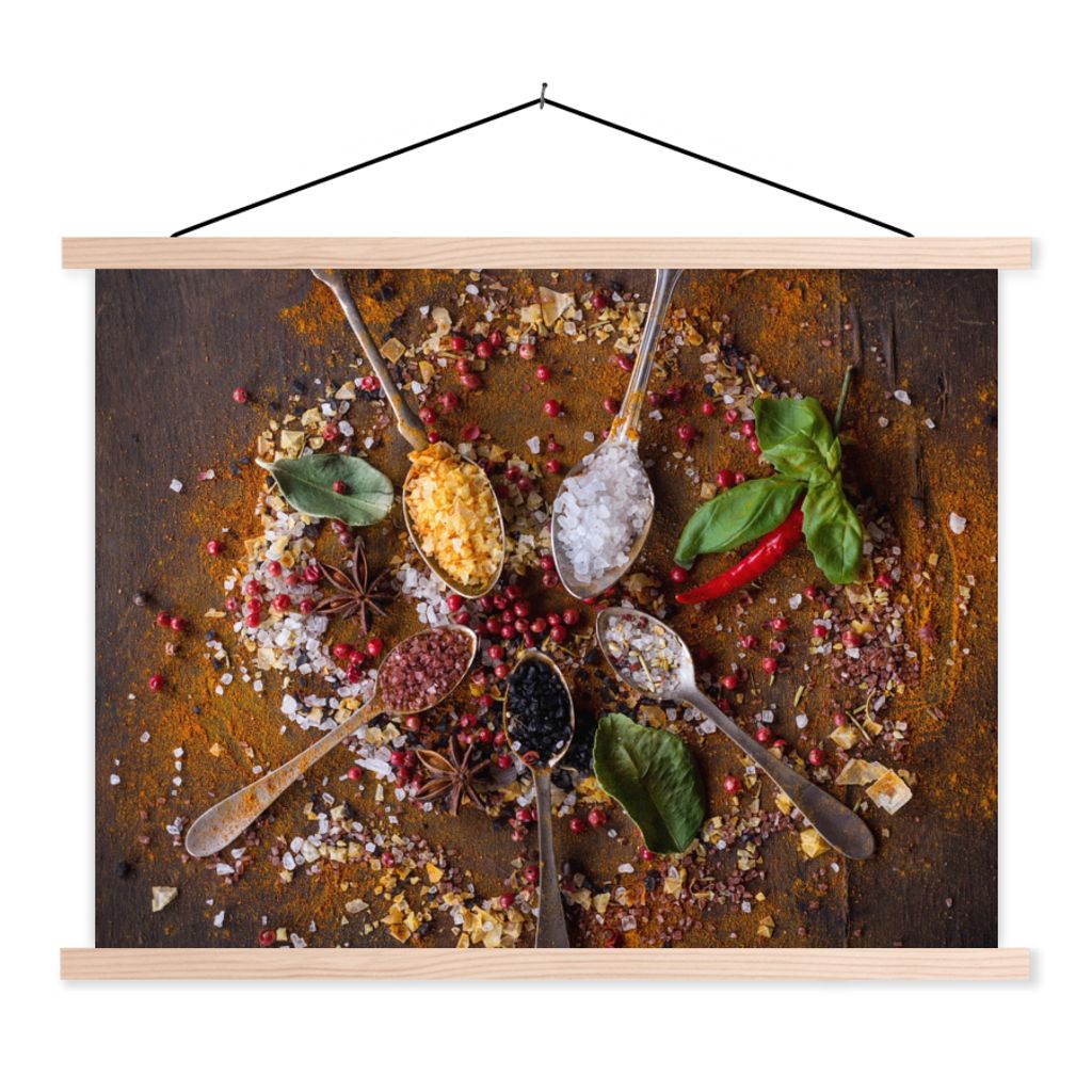 MuchoWow Textilposter Gewürze - Kräuter - Löffel - Salz - Braun - Küche 40x30 cm mit holzfarbenen Rahmen - Bilder