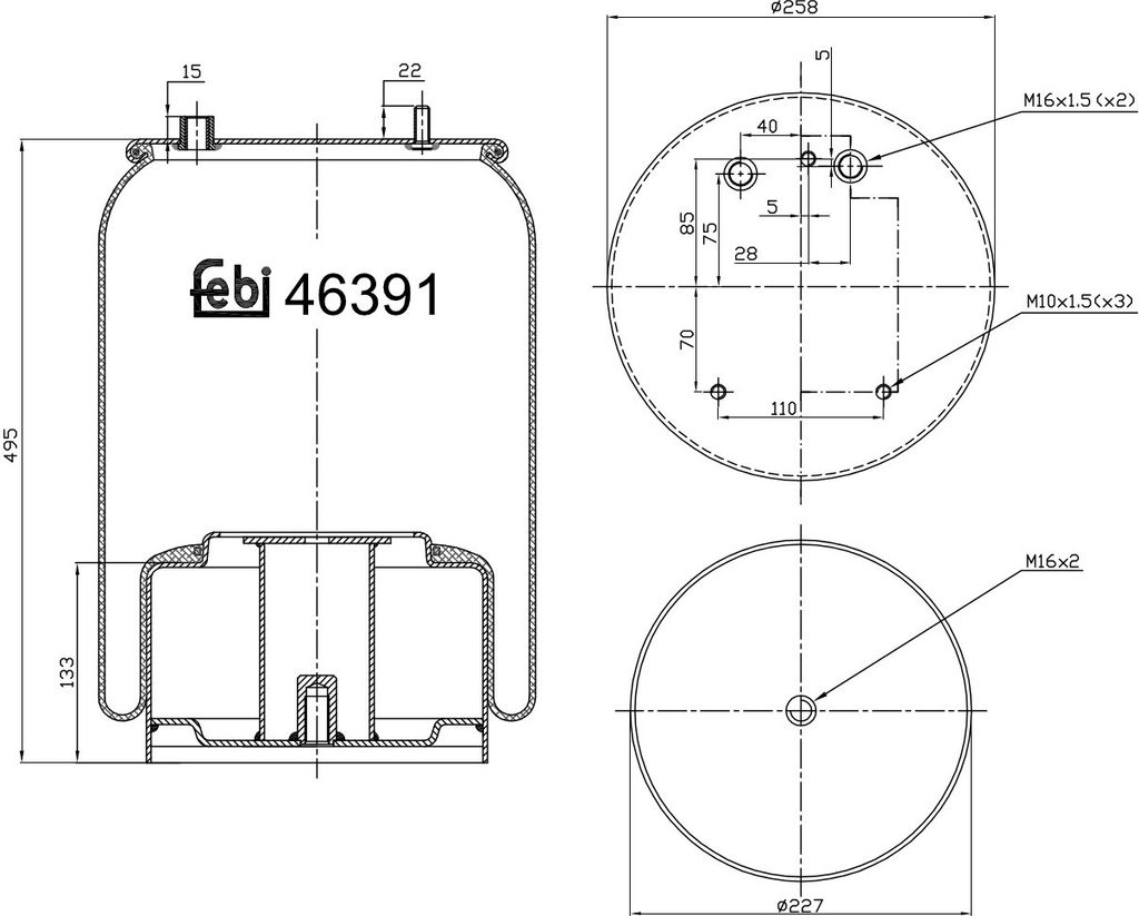 FEBI BILSTEIN Luftfederbalg 46391 für DAF CF 75 133 495mm 258 227mm