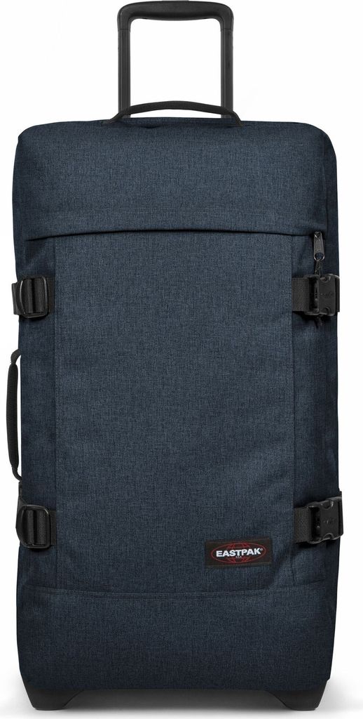 A blue Eastpak rolling suitcase against a white background.