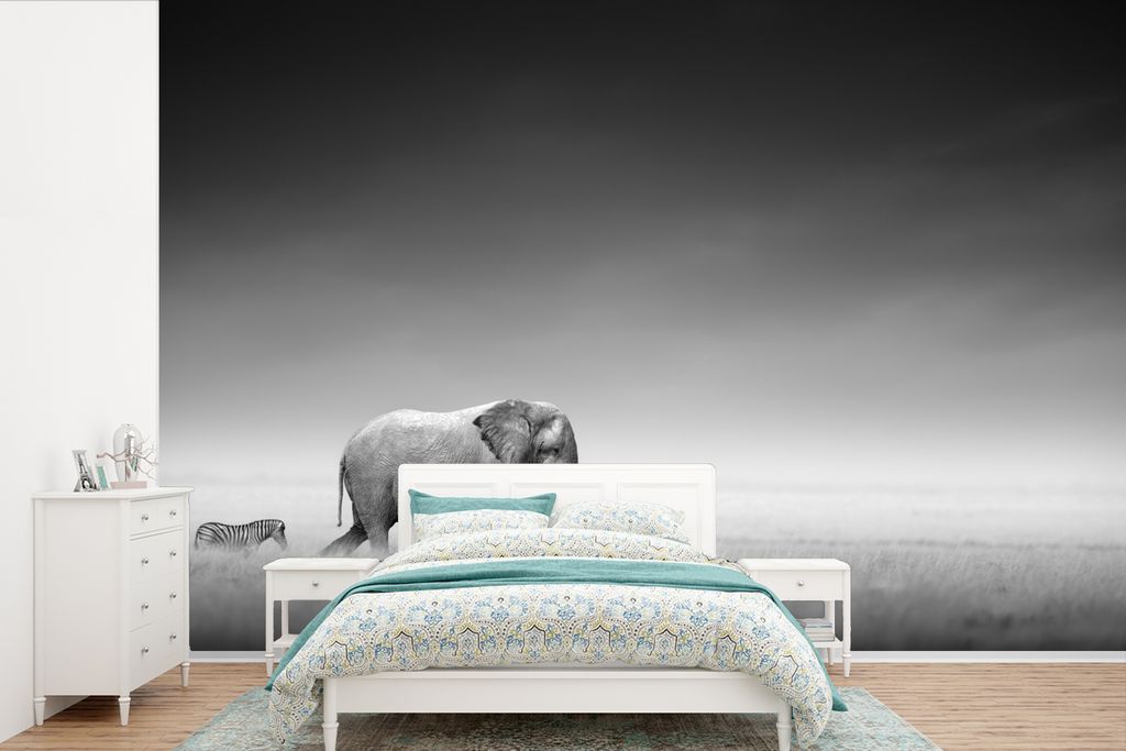 MuchoWow Fototapete für Wohnzimmer oder Schlafzimmer Wandtapete Vinyl Motivtapete Elefant - Tiere - Landschaft - Schwarz und weiß - Zebra - 390...