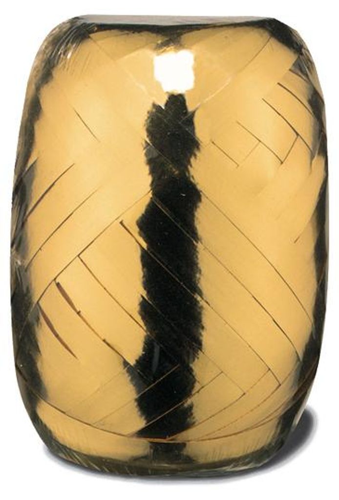 A roll of gold metallic gift ribbon.