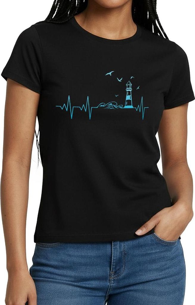 Spreadshirt Küste Meer Leuchtturm Herschlag EKG Moin Frauen T-Shirt, M, Schwarz