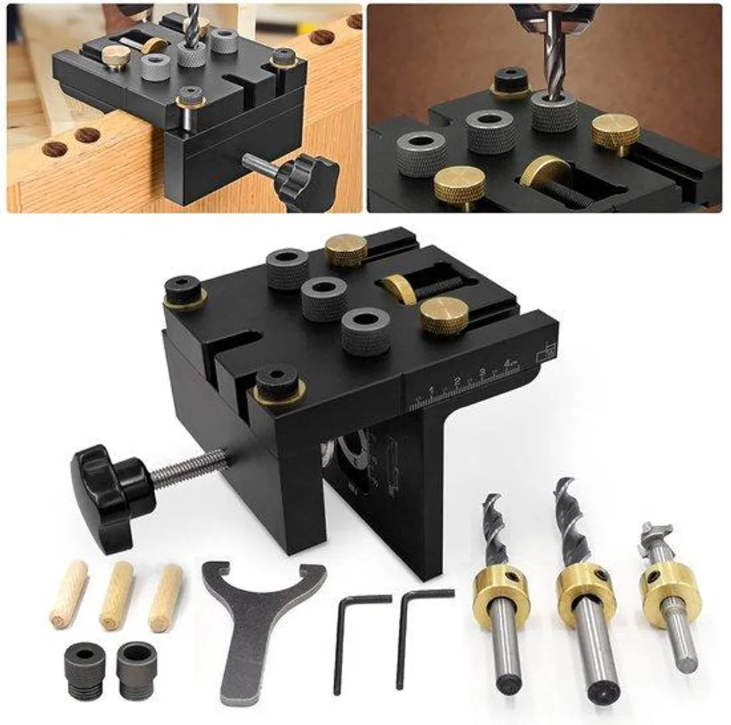 Gabarit 3 en 1 avec tiges 6 8 10 15 mm pour perçage de précision bois