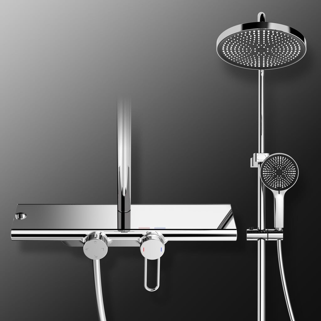 A modern chrome shower system with a large platform, mounted against a gradient gray background.