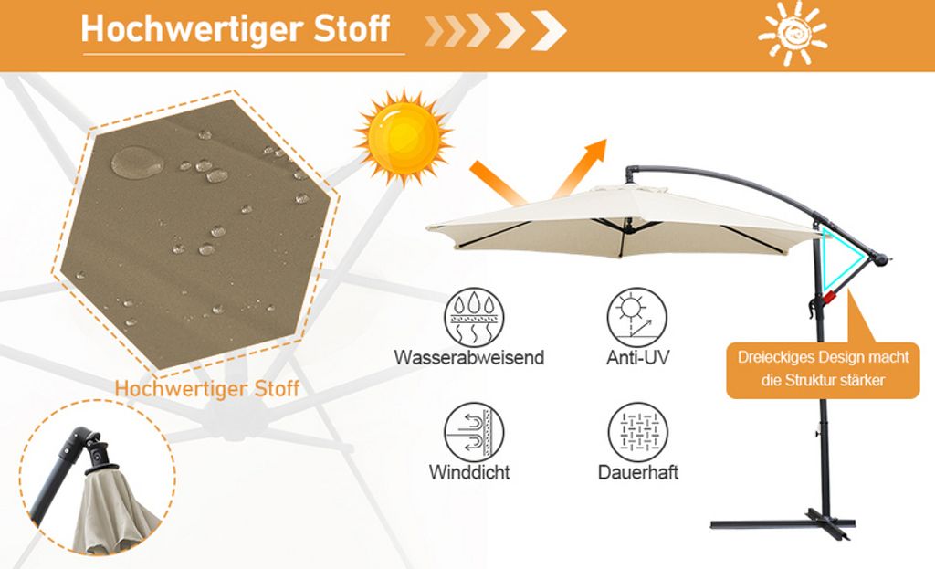 Wolketon 3m-3.5m Sonnenschirm Neigbar Ampelschirm Produktbild 4