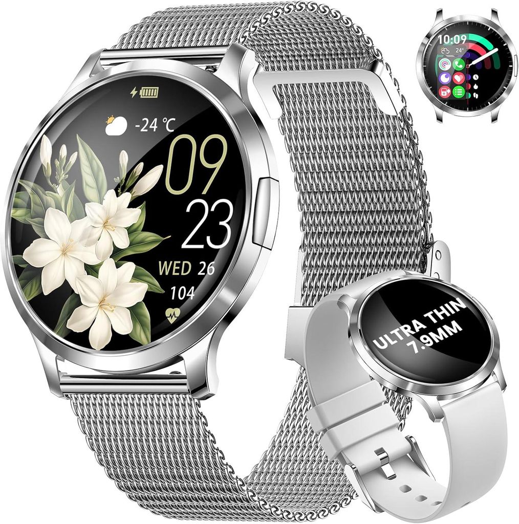 Elegante Damen-Smartwatch, kompatibel mit iOS und Android, , Fitness-Tracker, Zyklus- und Gesundheitsüberwachung, über 100 Sportmodi