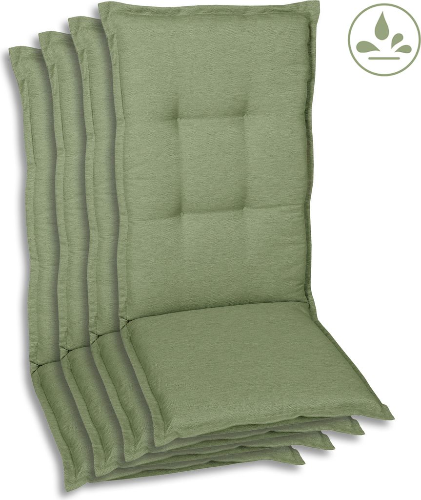 A stack of four green chair cushions.