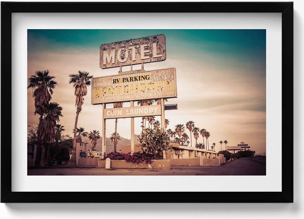 US-Motelschild am Straßenrand– Wandbild mit Rahmen – Gerahmtes Bild – Wanddekoration – 60x40 cm – Schwarz Rahmen