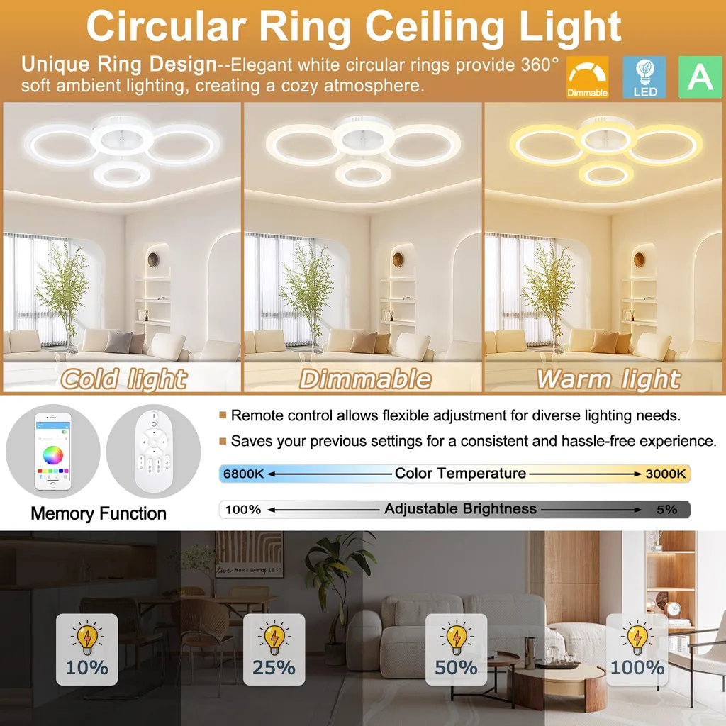 Lustre Plafonnier LED Moderne pour Salon et Chambre avec Intensité Variable - 5