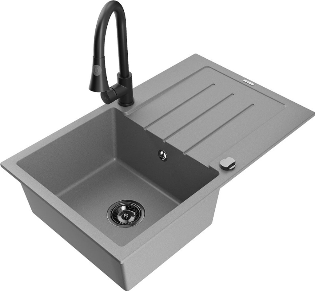 Mexen Bruno 1 Becken-Granitspüle mit Abtropffläche und Mischbatterie Elia, Grau - 6513-71-670101-70-B