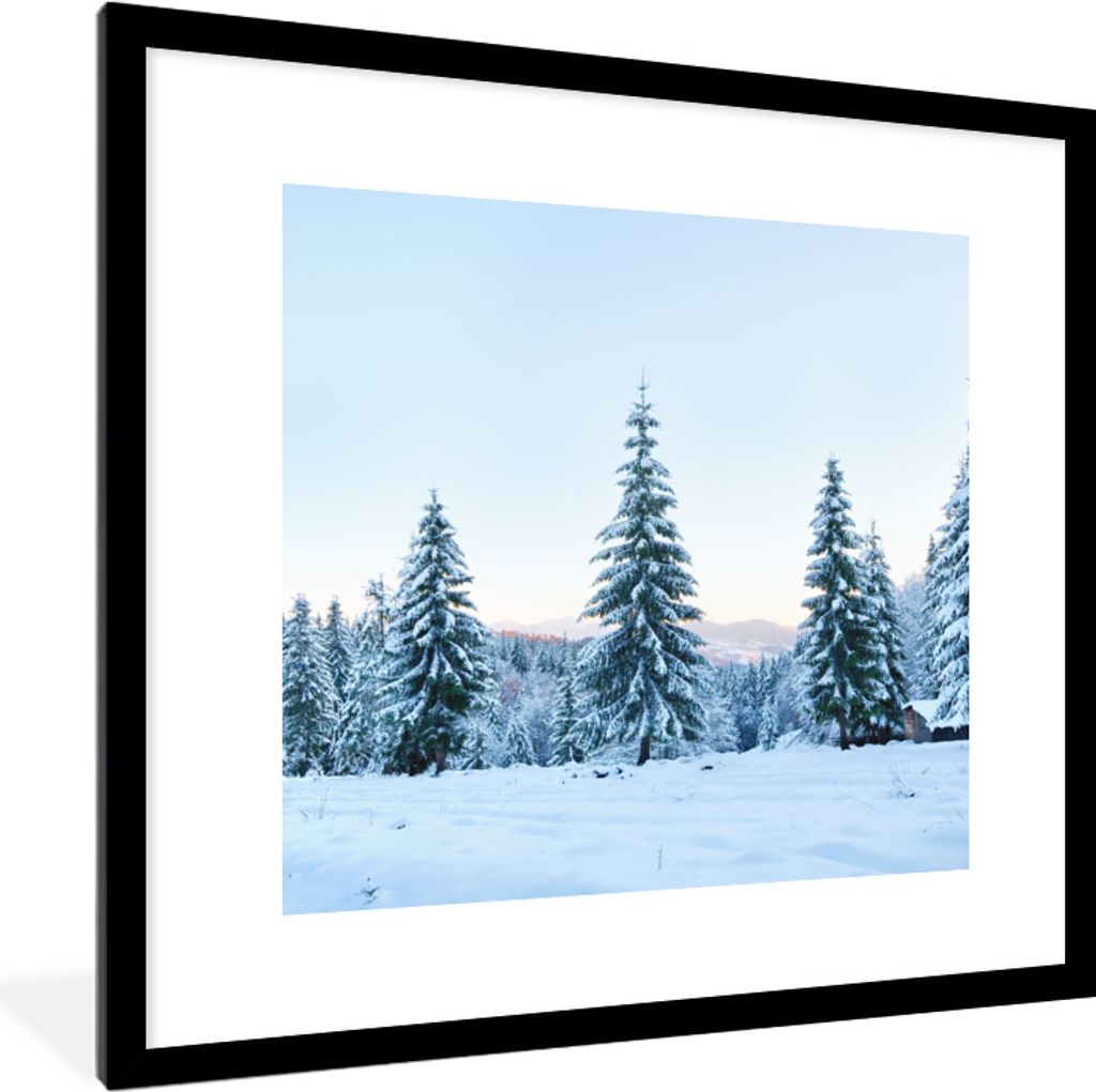 MuchoWow Gerahmtes Poster Winter - Schnee - Bäume 40x40 cm - Poster mit Schwarzem Bilderrahmen Wandposter Rahmen Foto Bilder - Poster - Plakat i...