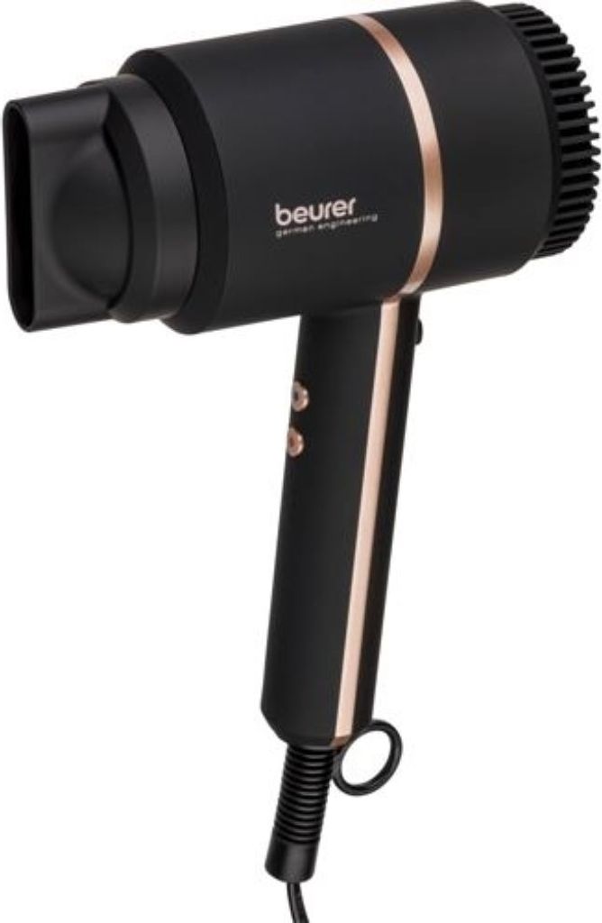 A black and rose gold Beurer hair dryer is shown against a white background.