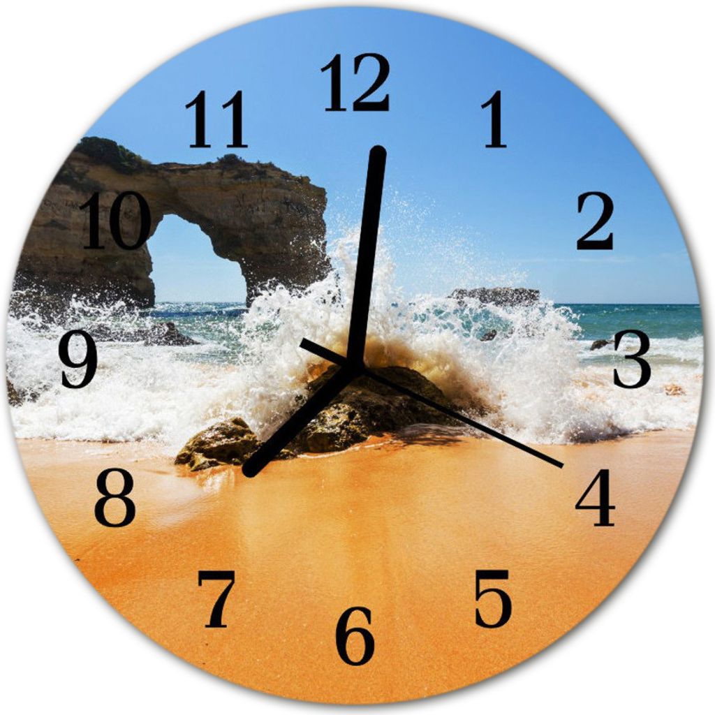 Glasuhr Wanduhr Küchenuhr Echt-Glas 30fi cm Strand braun