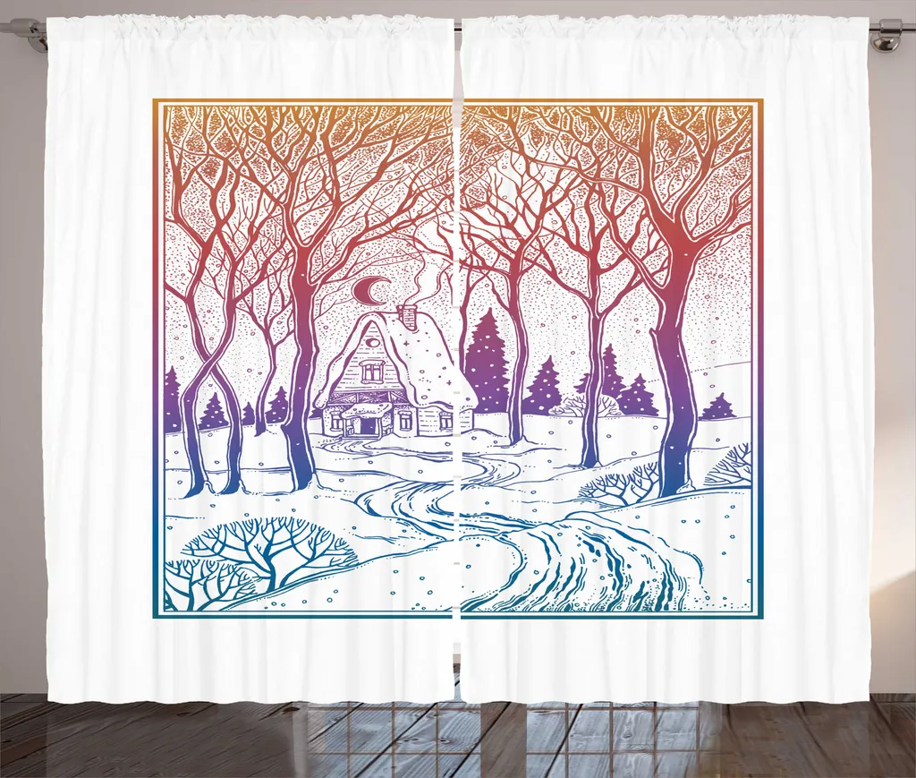 Rideau à Fronces pour Chambre Motif Rural et Forêt Enneigée Multicolore