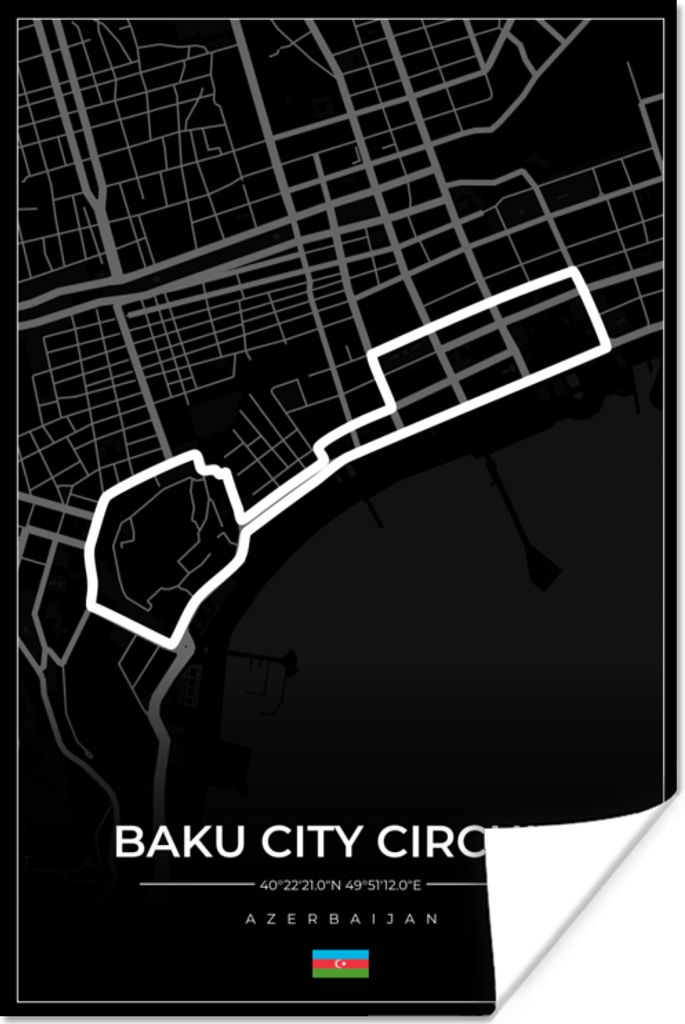 MuchoWow Poster Rennstrecke - Rundkurs - F1 - Baku City Circuit - Aserbaidschan - Schwarz 80x120 cm - Papierdruck