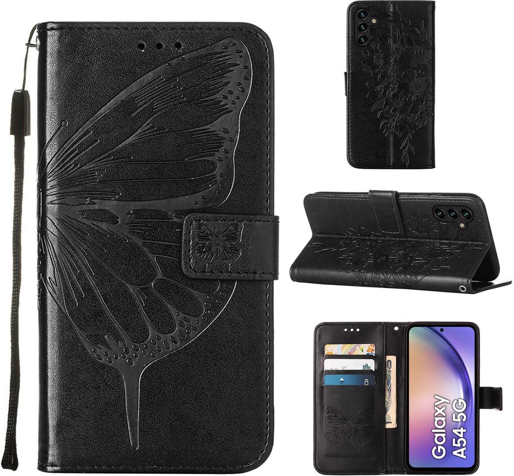 Lederhülle für Samsung Galaxy A54 Schmetterling Prägung Flip Ledertasche Kartenfächer Handyhülle mit Ständer Schwarz