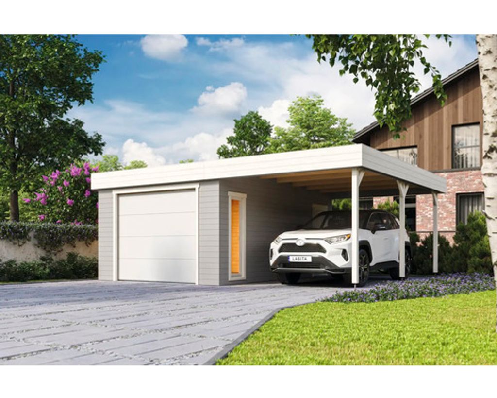 Lasita Maja Gartenhaus / Gerätehaus / Garage Bahamas Set Mit Sektionaltor Lichtgrau - Neu!, Farbe:lichtgrau, Dachform:Pultdach