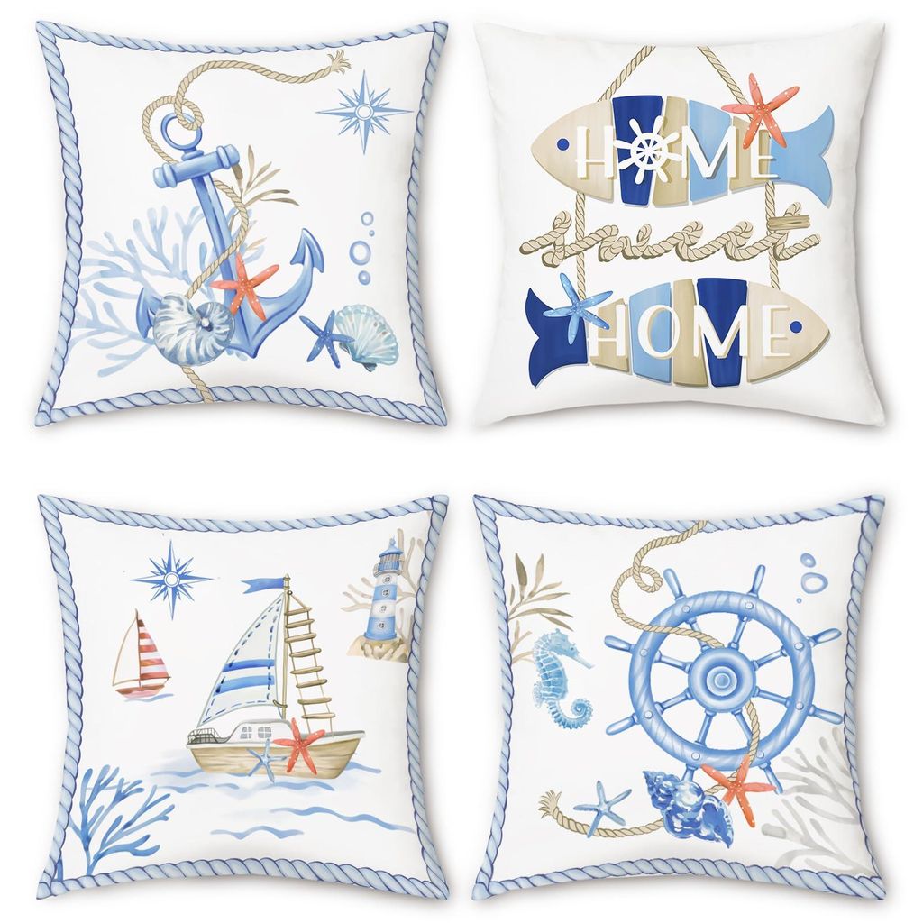 Set mit 4 doppelseitigen Kissenbezügen mit nautischem Ankermotiv, Denim-Optik, Polyester-Leinen, blau, dekorative Kissenbezüge für Sofa, Schlafz...