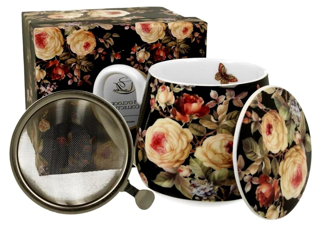 FLORAL Fassbecher 430 ml mit Teesieb, New Bone China Porzellan