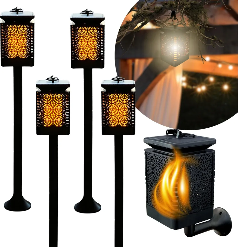 Lanterne Solaire de Jardin LED 3-en-1 avec Effet Flamme Réaliste Pack 4