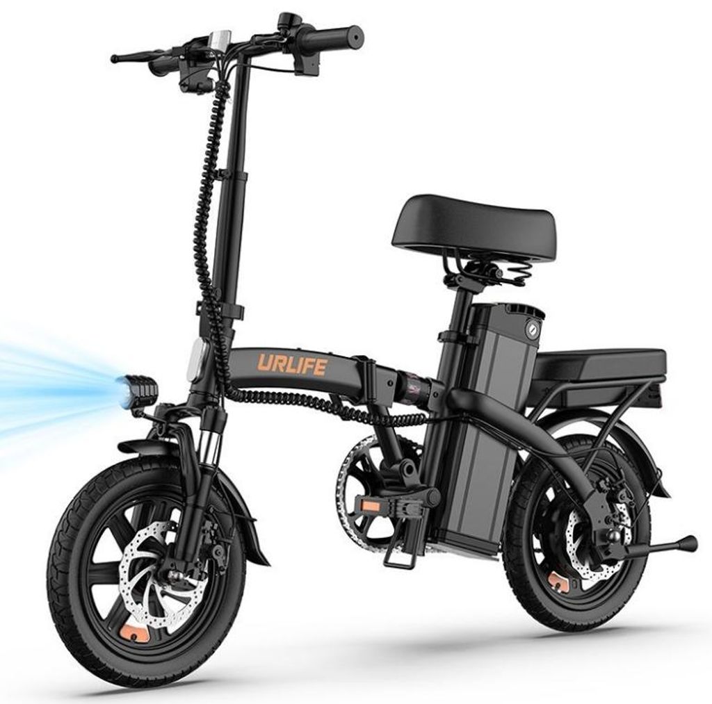 A black folding electric bicycle is shown against a white background.