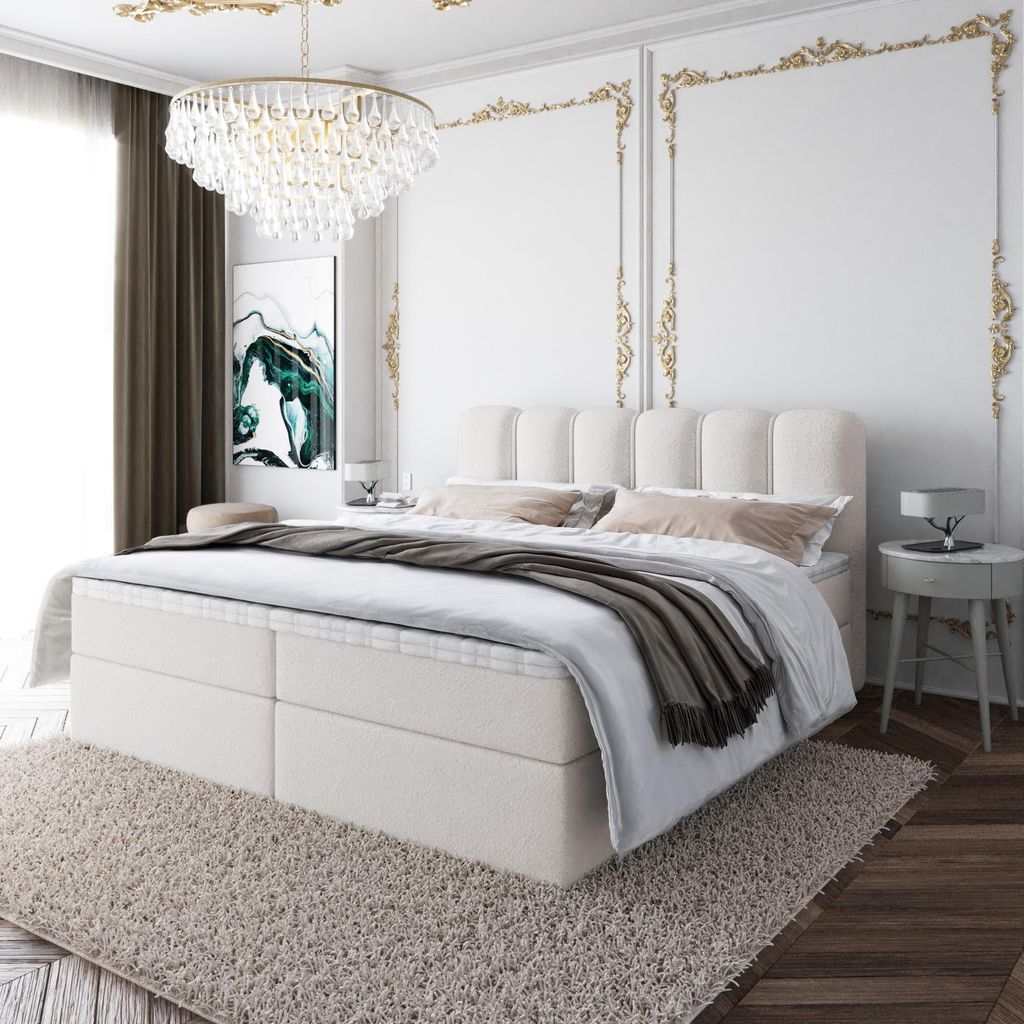 Boxspringbett NANDO Topper VISCO Bett mit Bettkästen Polsterbett, Bettgestell, Doppelbett, Stauraum, Schlafzimmer (140x200, Creme - Fredo 15)